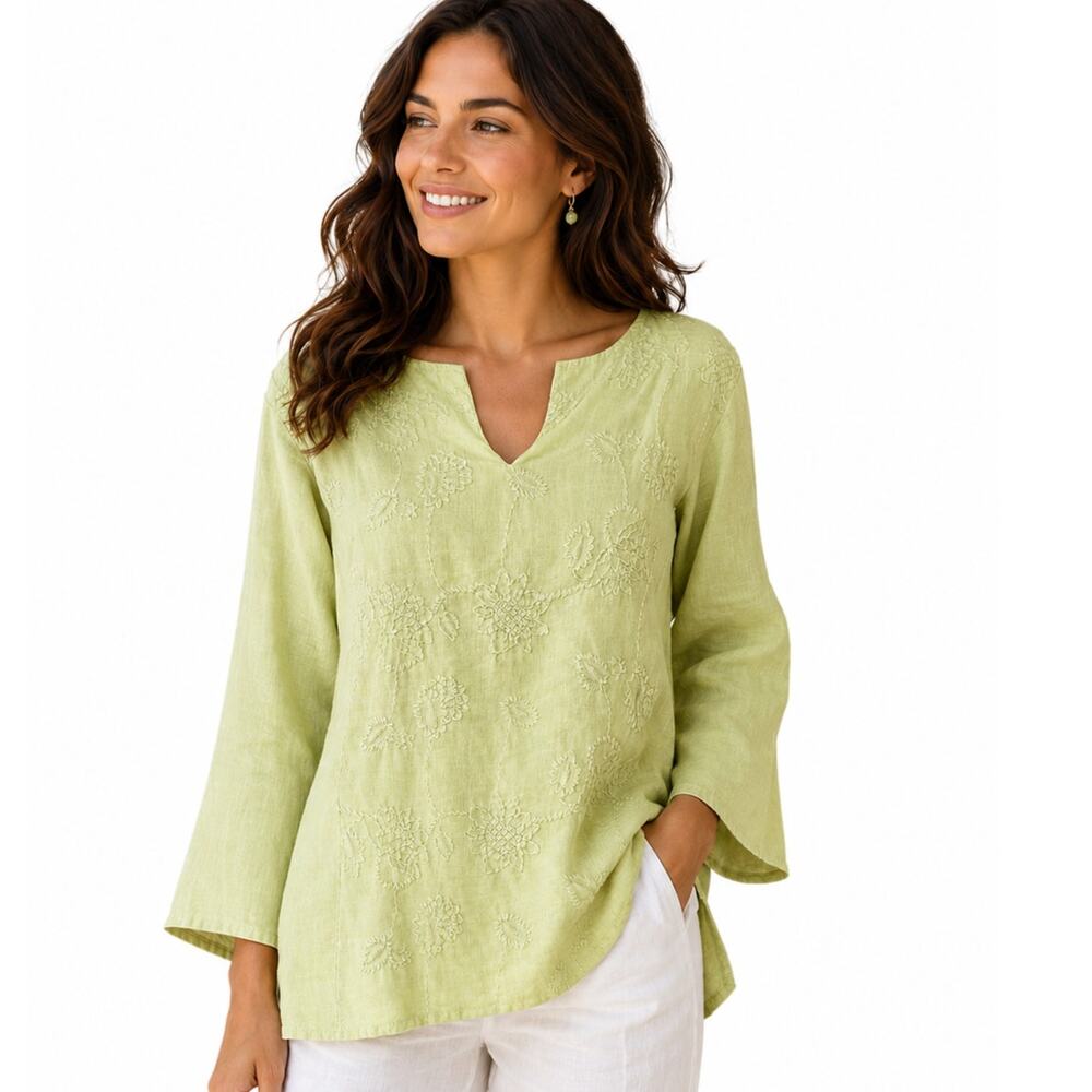 Saint Tropez West Linen Embroidered Top Womens Large Lemon-Lime Coastal Beachy